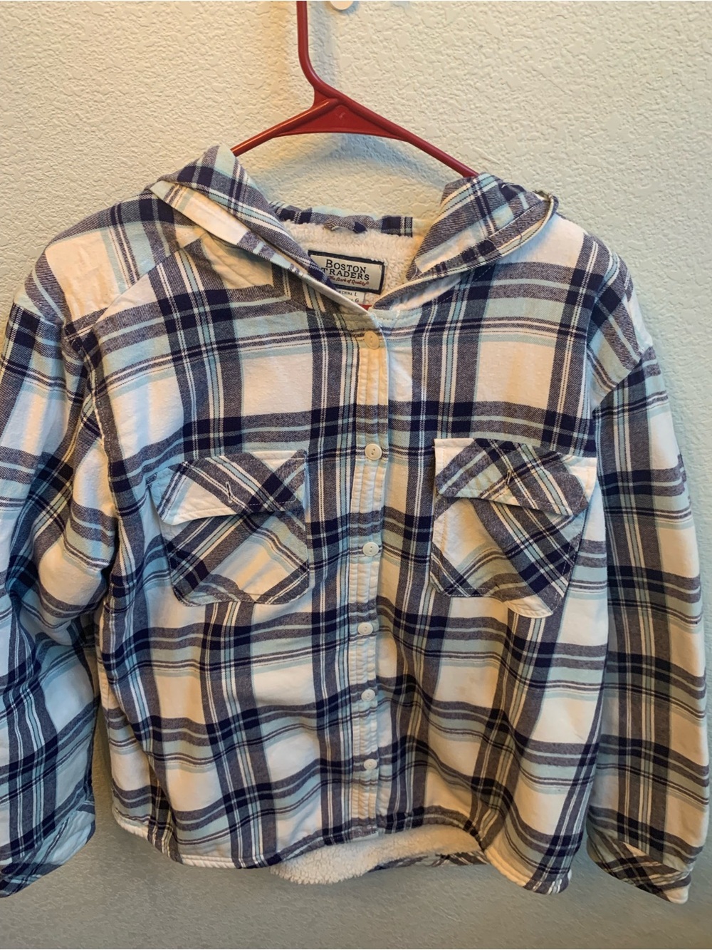 Boston Traders Hooded Plaid Button-Front Shirt Jacket - Blue & White